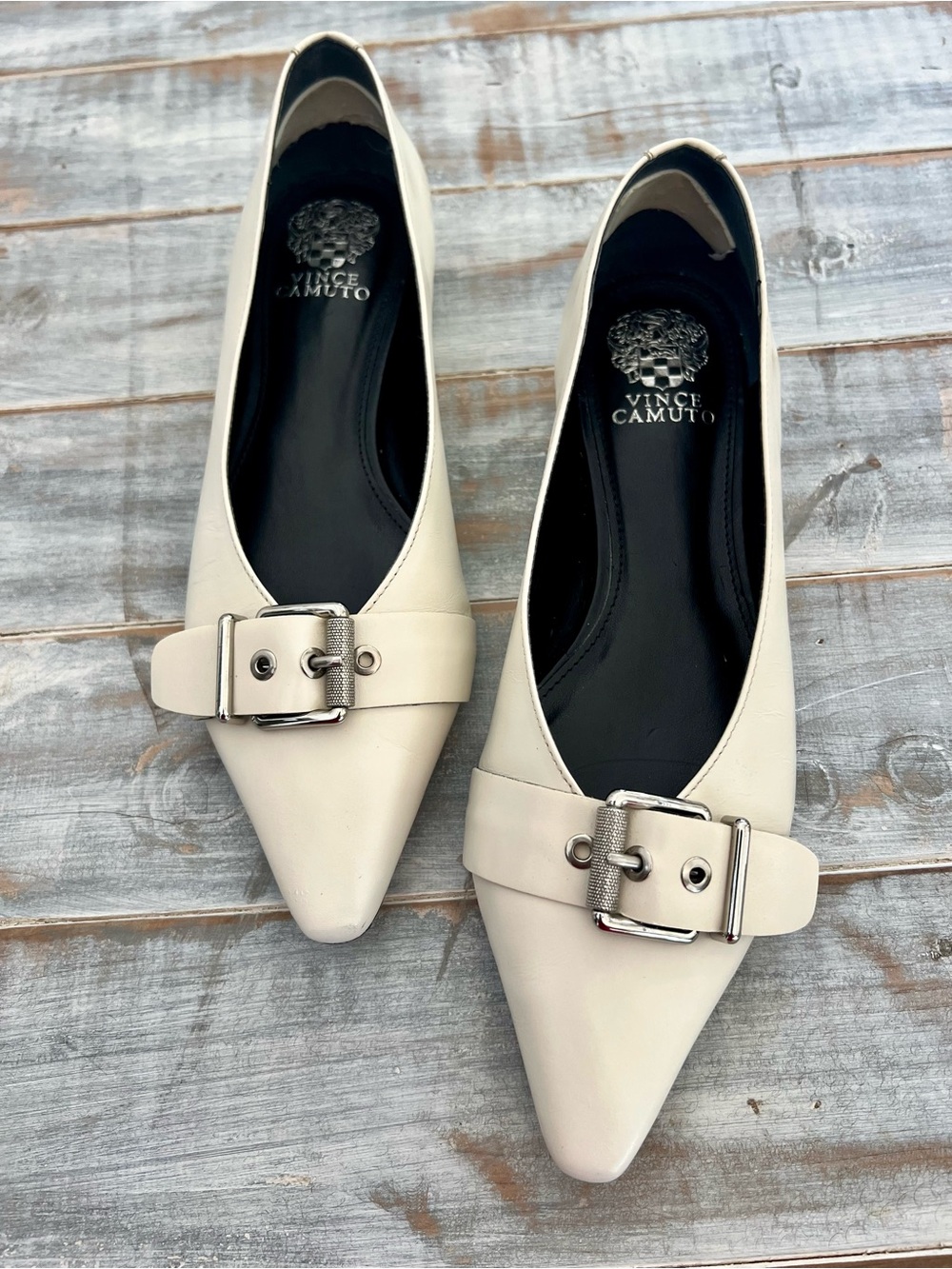 Vince Camuto Women’s 9M Ivory Leather Pointed Toe Buckle Flats Made in Brazil
